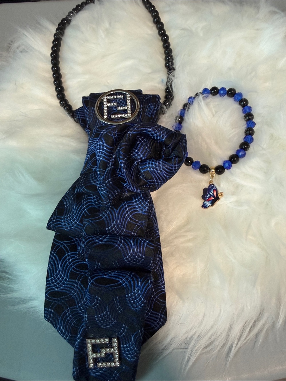 Women”s. Junk ties Blue Patterned Satin Necktie with bracelet.